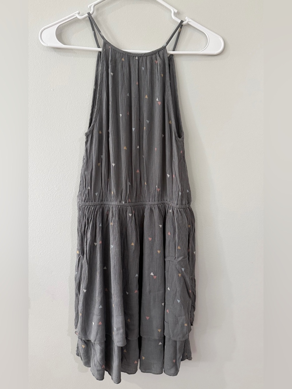 True Craft Gray Pink Triangle Gauze Tiered Sleeveless V-Neck Women's Sundress